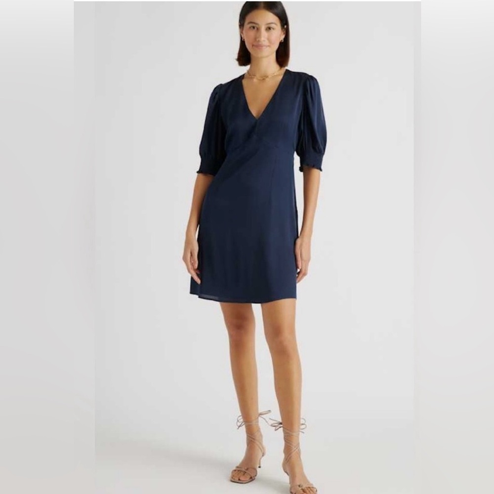 Quince Navy Blue V-Neck Puff Sleeve Mini Dress